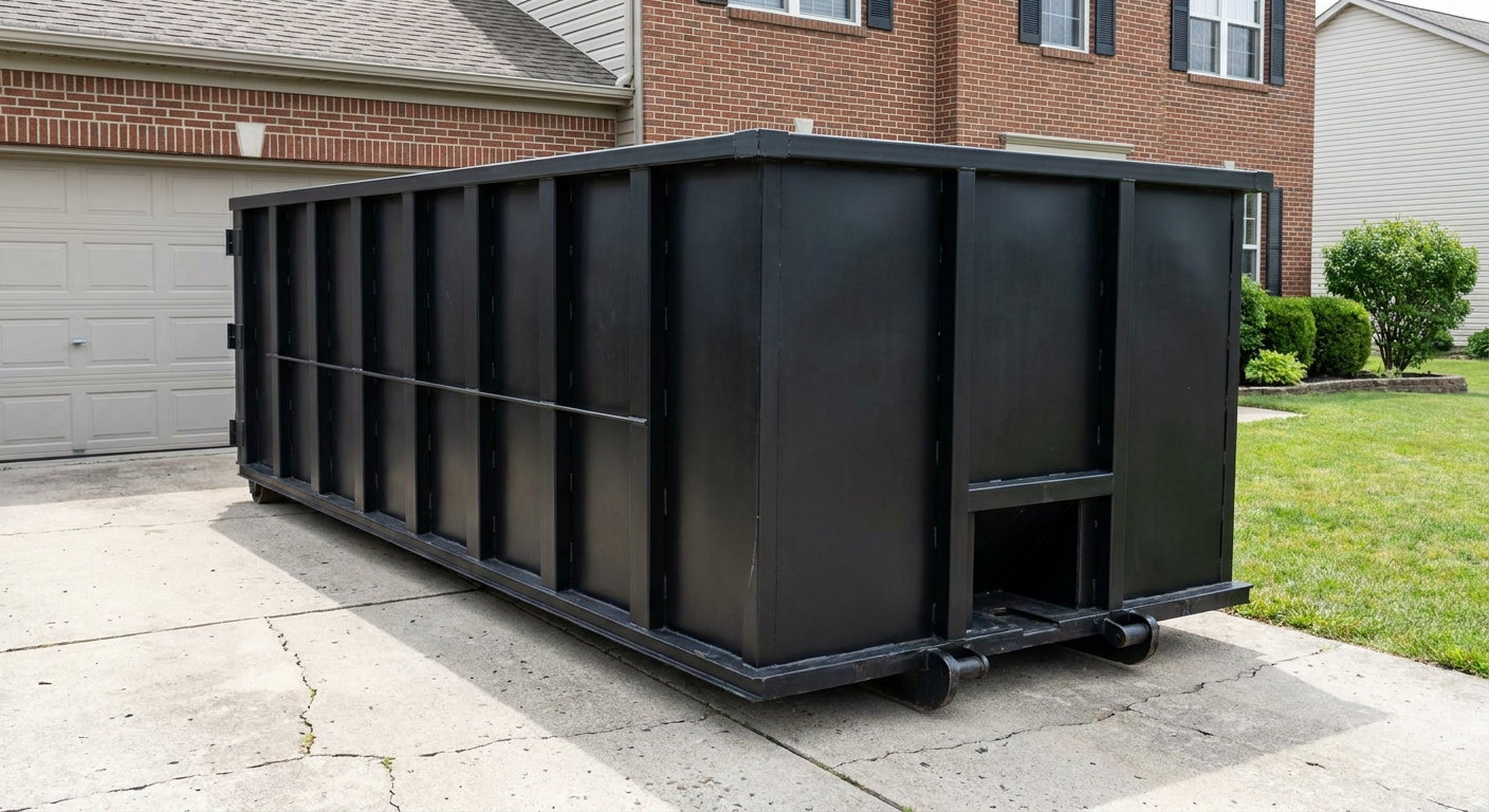 Matte-black 20-yard roll-off container on a Delray Beach residential concrete driveway with reinforced ribbed steel sidewalls and a hinged rear walk-in door, clean bright daylight.