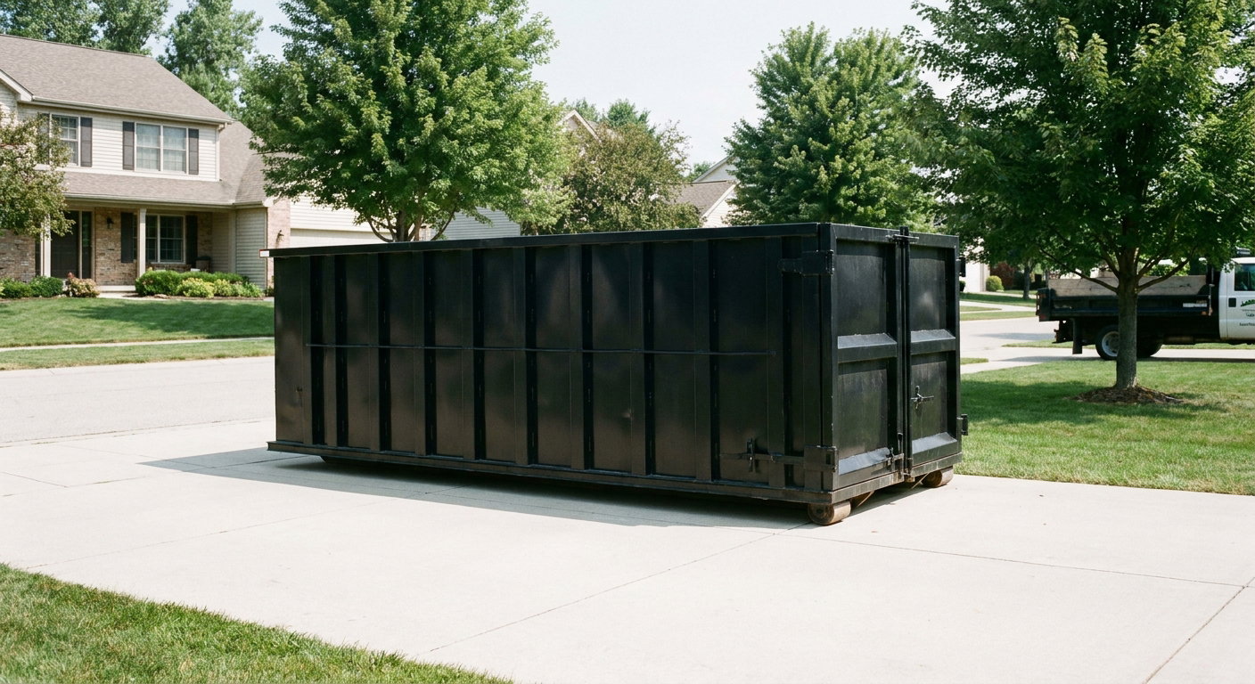Matte-black 20-yard roll-off dumpster sitting level on a clean Delray Beach residential concrete driveway under bright daylight, demonstrating clean placement directly on the concrete.