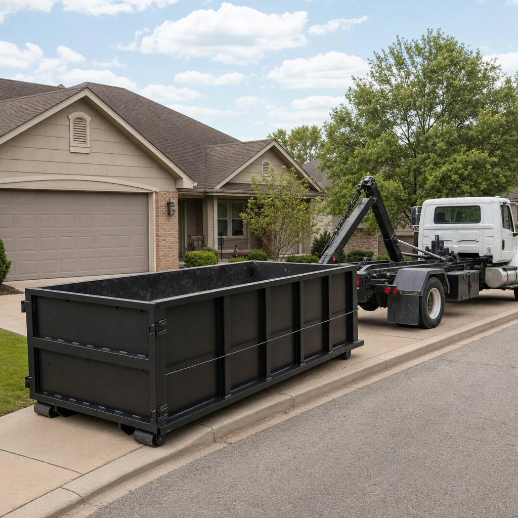 Wide documentary shot of a matte-black roll-off dumpster on a Delray Beach residential driveway in the foreground and a contractor jobsite container in the soft-focus background, bright daylight, calm and orderly composition.